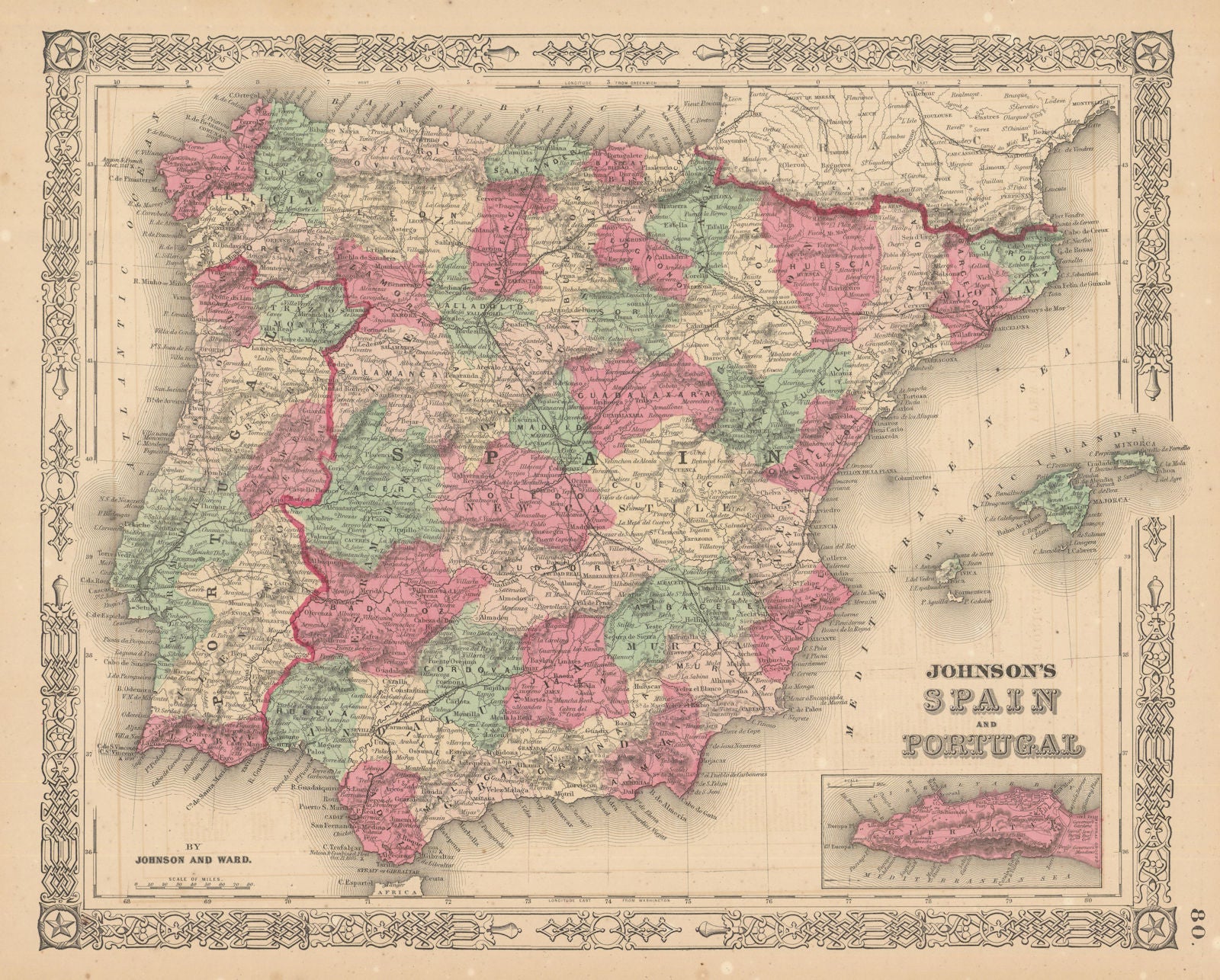 Johnson's Spain and Portugal. Iberia. Gibraltar 1865 old antique map chart